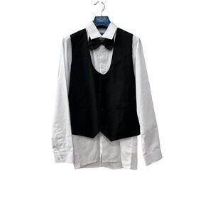 New Perry Ellis Boy's Size 16 White Tuxedo shirt,Black vest & bow tie adjustable